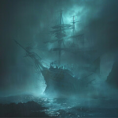 a mysterious night in the South Pacific, where dense fog envelops everything around. a ghostly ship a supernatural aura