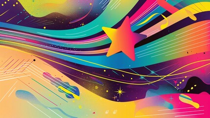 20. A vibrant, whimsical illustration of a rainbow-colored shooting star flying through abstract shapes and lines, representing hope and dreams for a Pride Month campaign