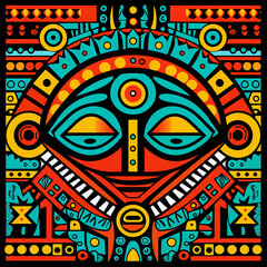 A vibrant, colorful tribal pattern with geometric shapes and intricate patterns in the style of African art. The design includes bold colors like reds, blues, yellows and greens