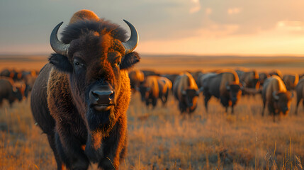A vibrant nature prairie landscape with a herd of buffalo grazing peacefully, the sky clear and blue