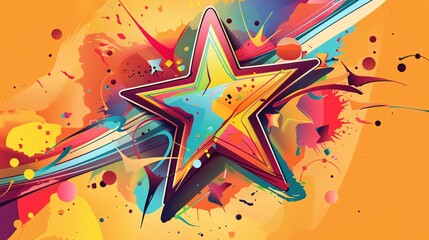 24. An energetic, whimsical illustration of a rainbow-colored star surrounded by abstract shapes and lines, representing guidance and unity for a Pride Month campaign