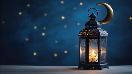 3d modern Islamic holiday banner, suitable for Ramadan, Raya Hari, Eid al Adha and Mawlid. A lit up lantern and crescent moon decor on serene evening blue background., copy space