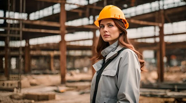 Frau steht in Schutzkleidung auf Baustelle