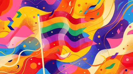 An imaginative, colorful illustration of a pride flag waving in a field of abstract shapes and lines representing joy and inclusivity, perfect for LGBTQ+ Pride Month marketing