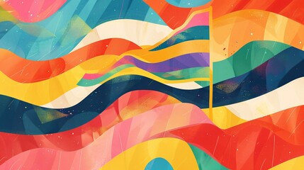 2. An imaginative, colorful illustration of a pride flag waving in a field of abstract shapes and lines representing joy and inclusivity, perfect for LGBTQ+ Pride Month marketing