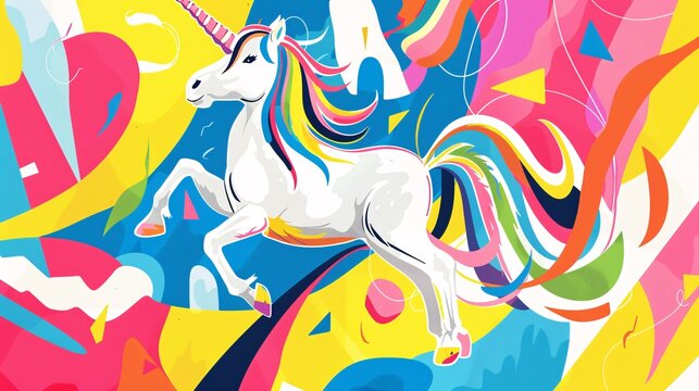 3. A playful, whimsical illustration of a unicorn with a rainbow mane prancing through abstract shapes and lines, ideal for a Pride Month commercial