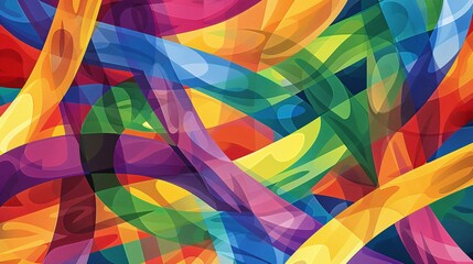 A joyful, colorful illustration of intertwined rainbow-colored ribbons set against a backdrop of abstract shapes and lines, symbolizing togetherness for LGBTQ+ Pride Month