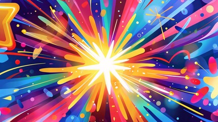 5. An energetic, whimsical illustration of a starburst of rainbow colors radiating from the center, surrounded by abstract shapes and lines for a vibrant Pride Month campaign