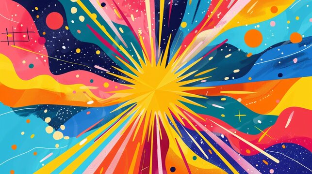 5. An energetic, whimsical illustration of a starburst of rainbow colors radiating from the center, surrounded by abstract shapes and lines for a vibrant Pride Month campaign