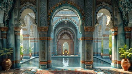 Abstract Islamic interior, lantern, gate, arches, door. Ramadan Lantern. Generative ai illustration for Greeting card, site, banner, invitation, postcard for muslim holiday. Eid Mubarak Ramadan Kareem