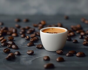 Freshly Brewed Espresso Shot in a Minimalist Ceramic Cup with Scattered Roasted Coffee Beans on a Moody Grey Background