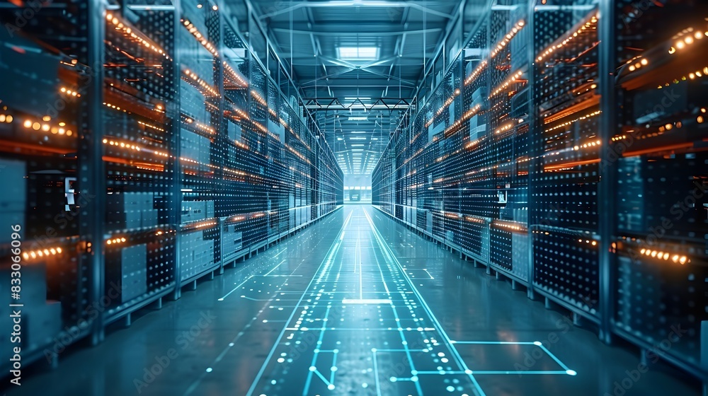 Poster automated warehouse with advanced robotics and logistics systems for efficient digital business