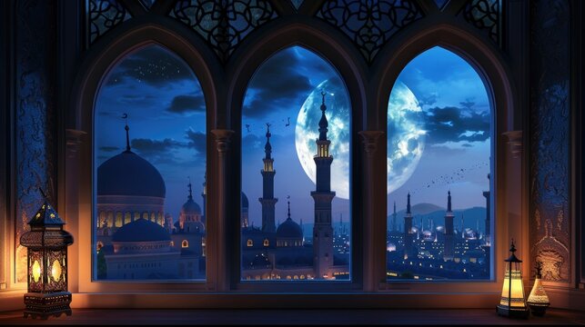 A Windows Depicts An Islamic Mosque At Night With Moon And Lentern. In Style Of Islamic City. Arched Doorways. Eid Al Fitr Background Of Window. Ramadan Kareem Eid Mubarak Islamic Lantern On A Table