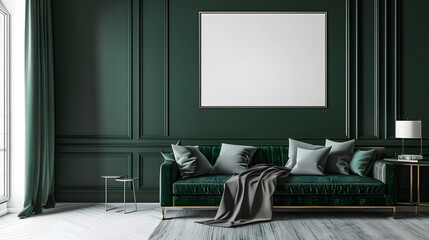 A modern living room featuring a green sofa, blank framed artwork, side table with a lamp, and minimalistic decor, creating a stylish and serene ambiance. mockup