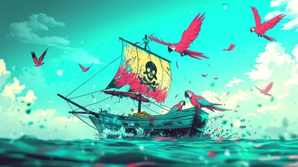Colorful pirate ship with Jolly Roger flag sails in the ocean, surrounded by flying exotic parrots under a bright blue sky.