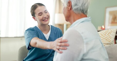 Medical, senior patient and nurse for assurance, support and counseling on sofa in living room. Homecare, elderly woman and caregiver for helping, compassion and empathy for diagnosis of old person