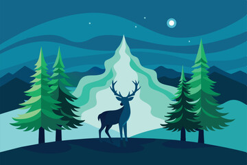 Beautiful Aurora Borealis Sky Light Pine Deer Mountain Polar Landscape vector Illustration