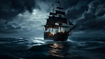Pirate Ship Battling Violent Storm at Sea,A dramatic video of a pirate ship navigating through a terrible storm with heavy rain and violent waves, showcasing the perilous nature of maritime adventure
