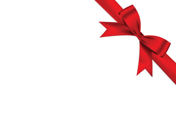 Red bow realistic shiny satin and ribbon with shadow place on corner of paper  ,for decorate your greeting card, website or gift card, vector EPS10 isolated on white background.