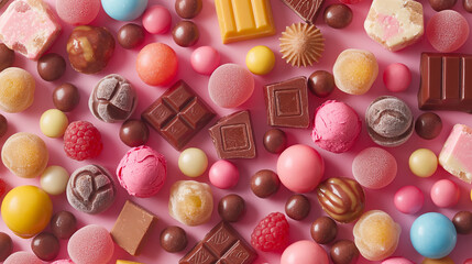 Fototapeta premium Colorful assorted candies and chocolates on a pink background. Concept of confectionery. Generative Ai