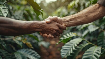 A coffee farmer and a roaster shake hands, symbolizing a new partnership focused on ethically sourced, high-quality beans.