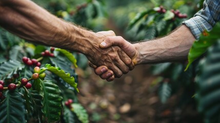 A coffee farmer and a roaster shake hands, symbolizing a new partnership focused on ethically sourced, high-quality beans.