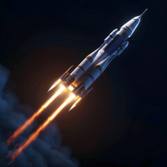 Powerful Rocket Launch with Bright Flames into the Dark Sky