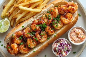 Delicious shrimp sandwich with garnished shrimp on fresh bread with fries and slaw