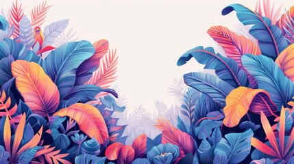 Colorful tropical leaves and foliage illustration with vibrant colors and exotic plants on a light background.