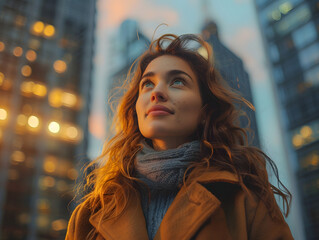 A pretty woman stands in front of a sunset.