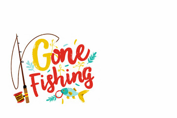 texte en anglais "Gone Fishing" Parti pêcher, logo pour la pêche à la ligne avec une canne à pêche à moulinet un fil de pêche, un poisson avec un hameçon dans la gueule sur fond blanc copyspace