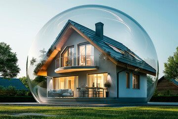 Modern house inside a transparent bubble, on a clear outdoor background, representing the concept of protection and property insurance.  Generative AI