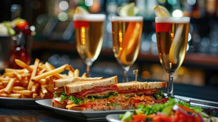Sandwiches and fries arranged on the bar counter