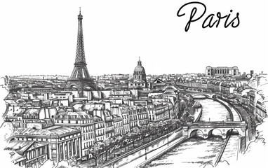 Croquis au feutre noir, pointe fine, très détaillé de la ville de Paris avec les bords de Seine, les quais de Seine, la Tour Eiffel, le Sacré Coeur, le Trocadéro, le Pont Neuf. JO Paris 2024
