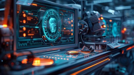 Futuristic technology interface displaying AI in a high-tech industrial environment. Perfect for depicting advanced technology and innovation.