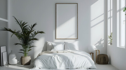 A bright minimalist bedroom with a white color scheme, cozy bed, ample natural light, and lush indoor plants, creating a serene and refreshing living space.  mockup