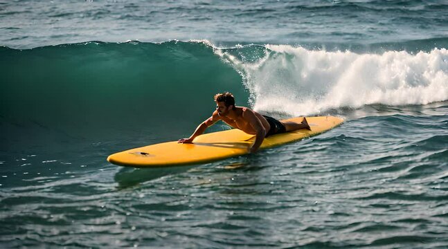 Surfer liegt auf Surfbrett im Meer und paddelt
