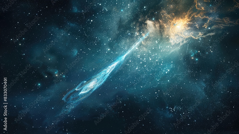 Poster a comet with an extensive glowing tail in outer space