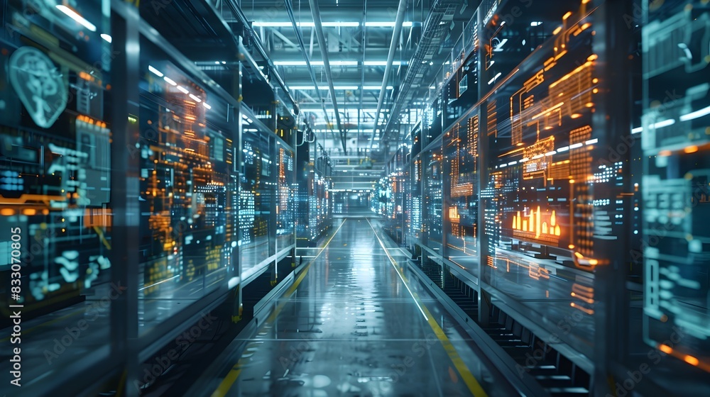 Poster futuristic digital twin of smart manufacturing facility with automated processes and advanced techno