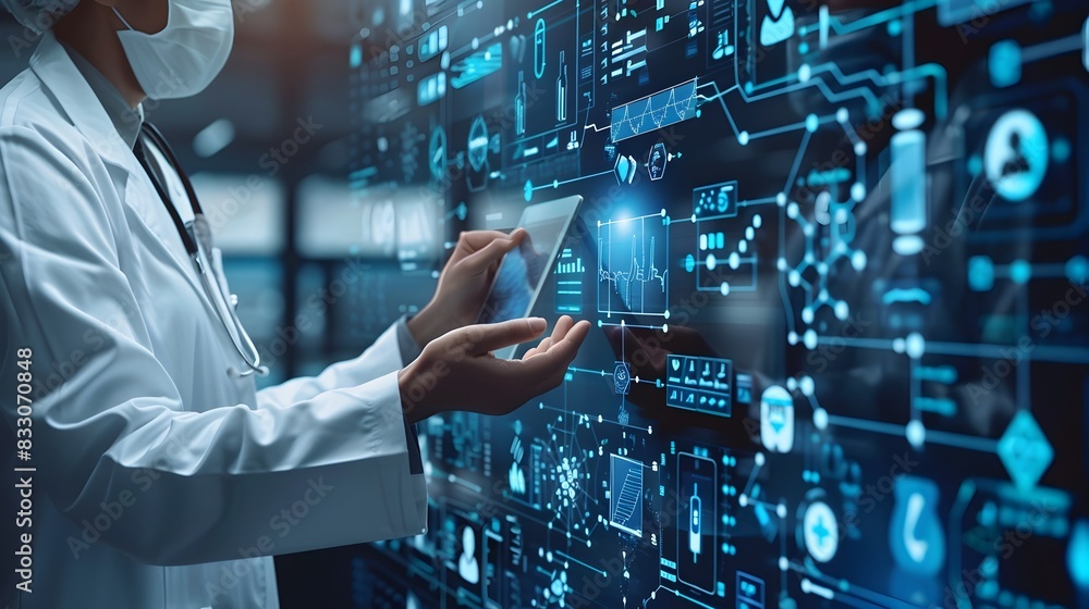 Poster powered digital healthcare technology networking and communication in modern business environment