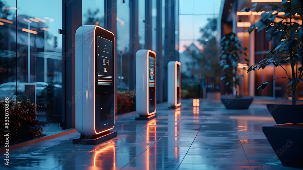 Poster sleek automated customer service kiosk with powered digital interactions in urban corporate setting