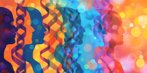 Colorful abstract background with multiple silhouettes of a person's head in profile view.