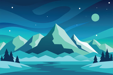 Beautiful Aurora Borealis Sky Light Snow Mountain Adventure Polar Landscape vector Illustration