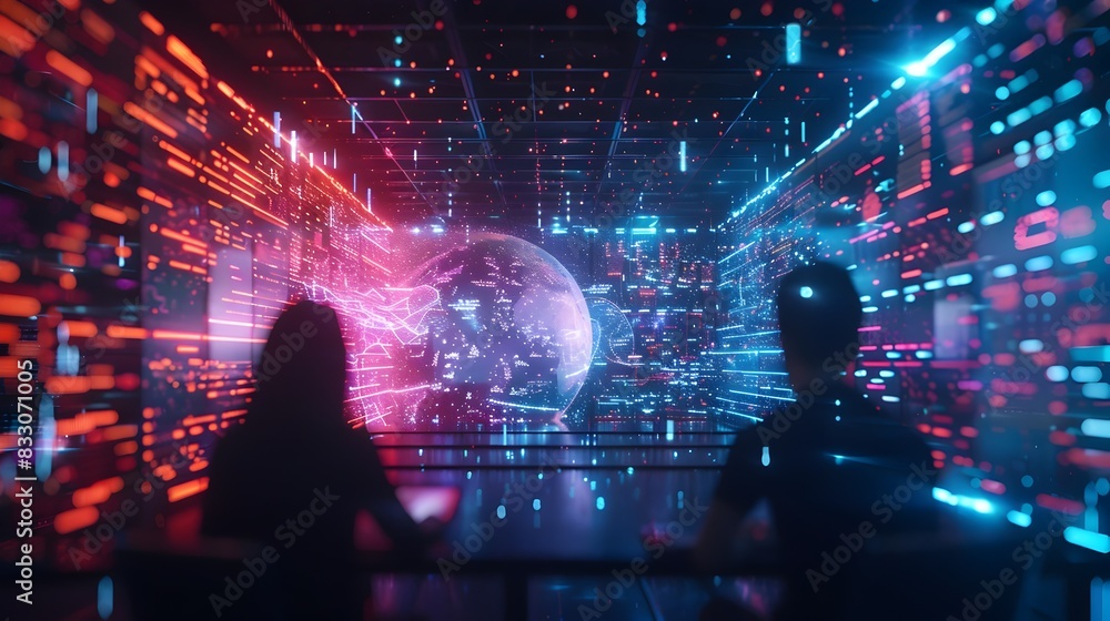 Poster vibrant global virtual coworking space showcasing collaborative technology and digital networking in