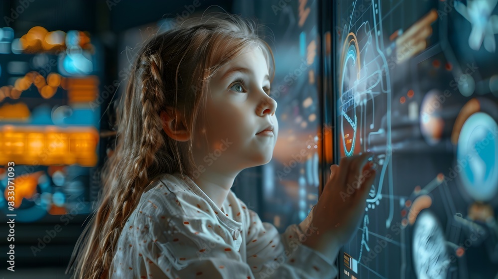 Poster inquisitive girl exploring futuristic classroom with holographic lessons and interactive learning to