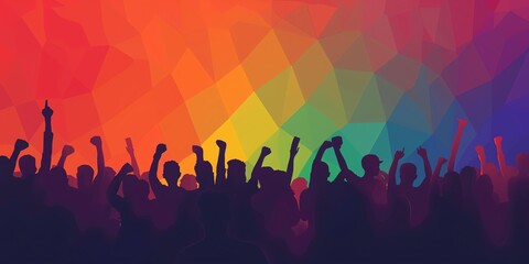 Crowd of people in front of a rainbow-colored background.