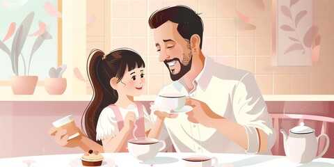 Father and daughter are drinking tea.