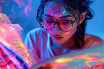 Women in glasses reading html scripts, programming and cyber security research, plus data analytics and holograms of data. A coding or IT person in glasses is reading html scripts, programming