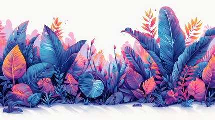 Vibrant abstract tropical foliage illustration with blue and pink leaves on a white background, showcasing exotic plants.