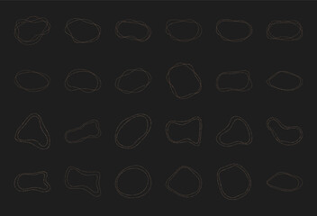 Flat boho asymmetric dotted circle collection, modern liquid amorphous silhouette art, cute organic irregular shape graphic, trendy geometric random symbol set, doodle abstract minimal form design,